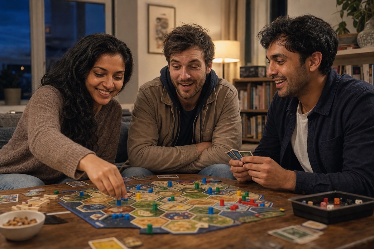 Three friends playing a board game