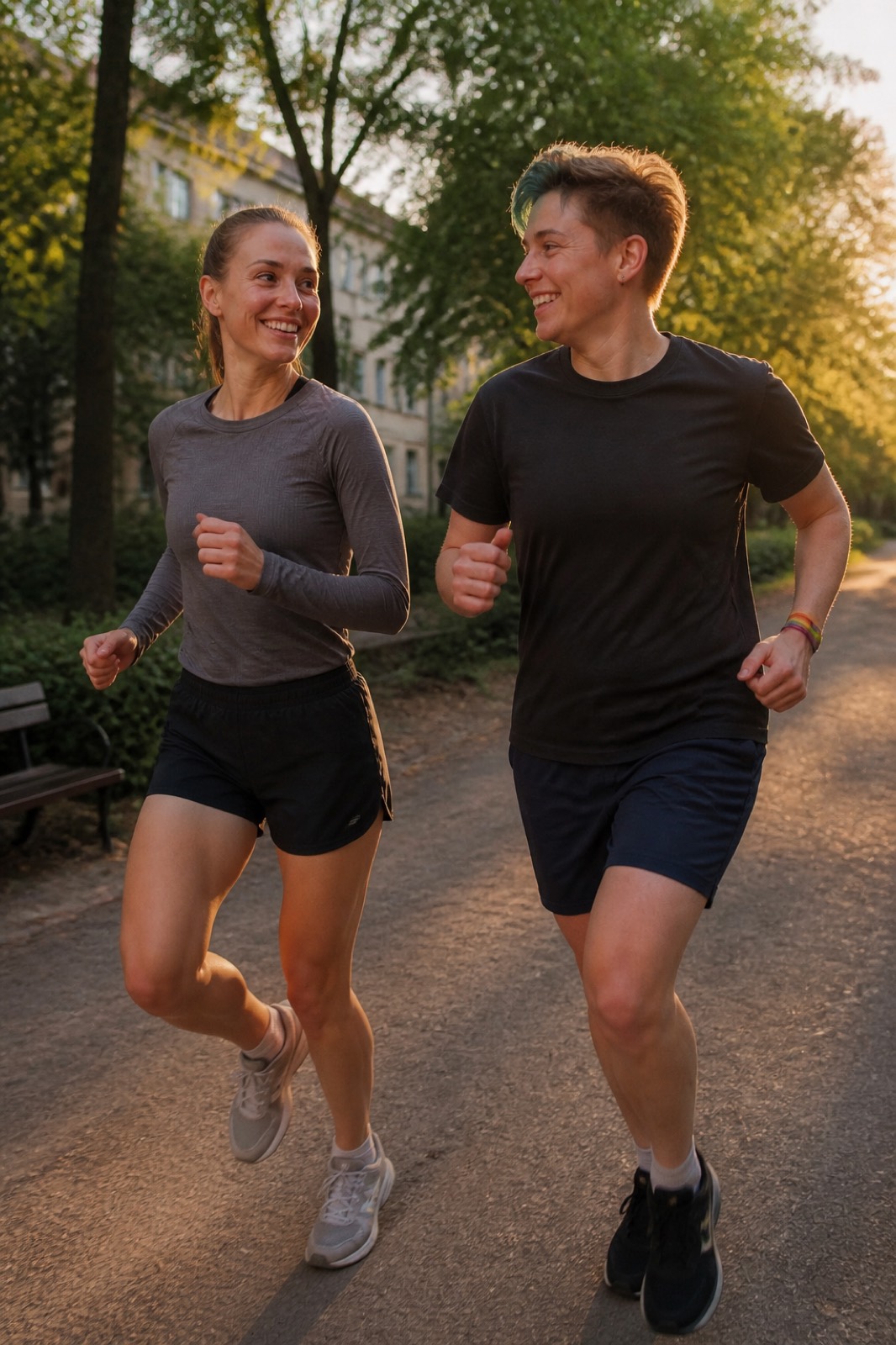 Two people running at sunset